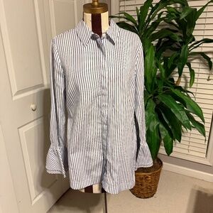 Tyler Boe Blue Striped Shirt Bell Sleeves Womens 10 Preppy Boho Cottagecore NWOT